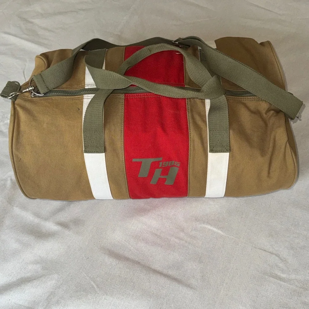 Vintage 2006 Tommy Hilfiger TH85 Canvas Duffel Bag Tan Red White Weekender